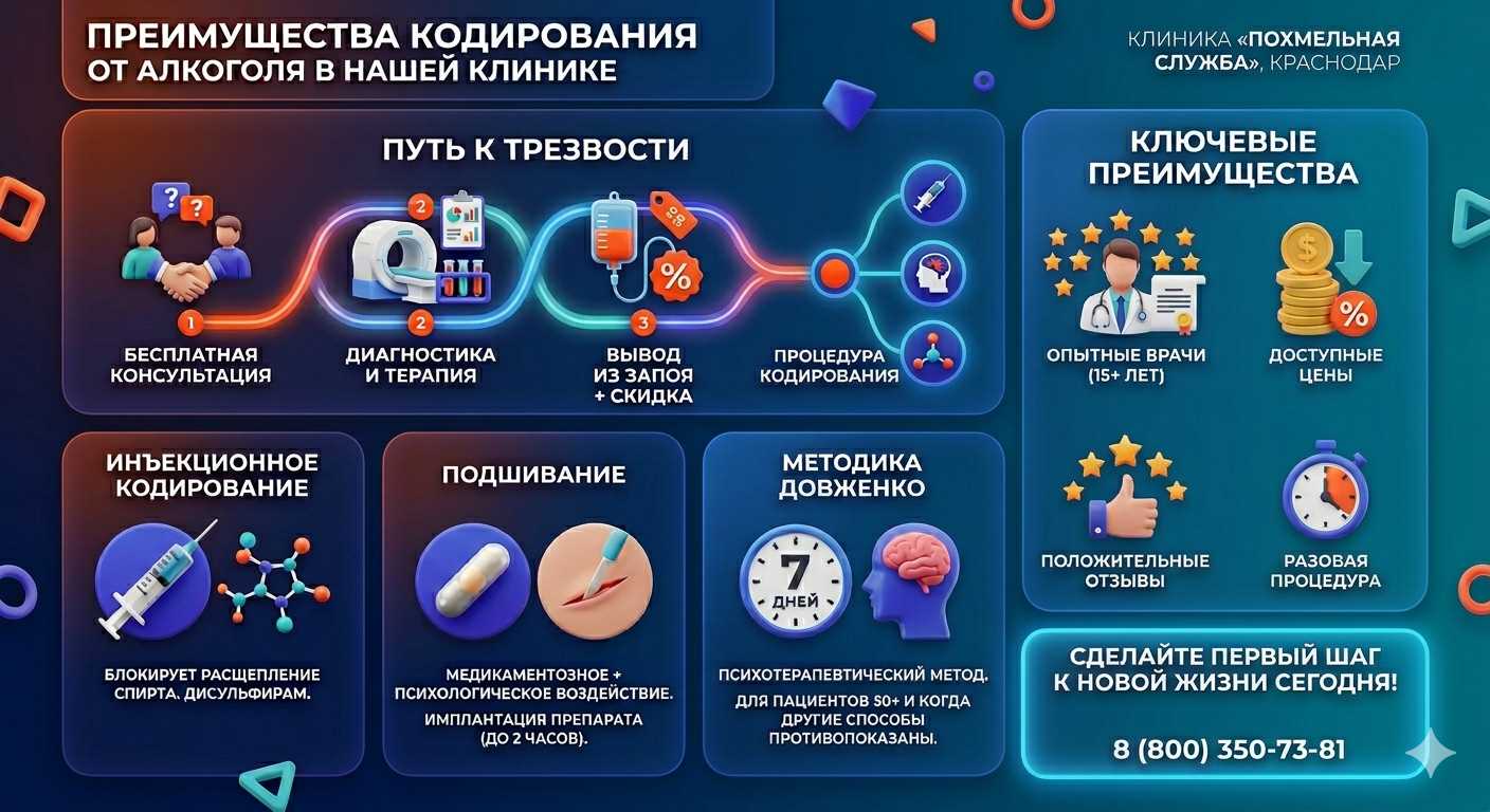 Инфографика о методах кодирования от алкоголя в Прохладном: инъекции, подшивание, метод Довженко. Преимущества клиники и этапы лечения.