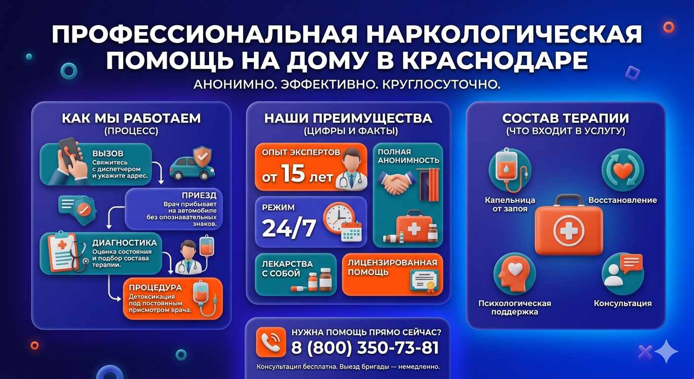 Инфографика о принципах лечения алкоголизма на дому в Прохладном: этапы вызова нарколога, преимущества анонимной детоксикации и состав медицинской помощи.